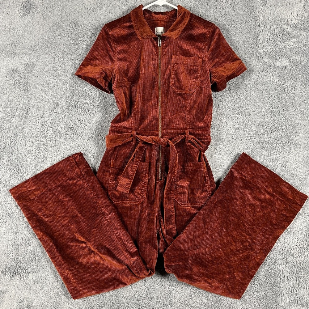 Maeve Anthropologie Corduroy Jumpsuit Womens 6 Rust Brown Belted Waist Zip Front